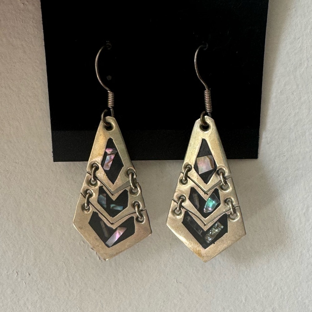 Abalone Shell Silver Dangly Triangle Earrings - image 1
